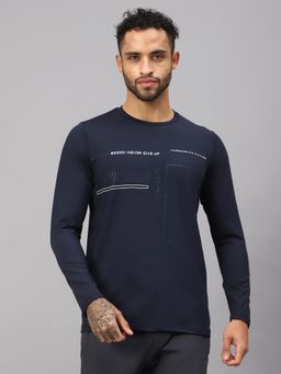 Vector X - Men Navy Blue Printed Round Neck Polyester Full Sleeves T-Shirt