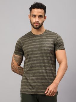 Vector X - Men Olive Polyester Stripes Round Neck Half Sleeve T-Shirt
