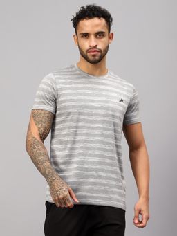 Vector X - Men Grey Polyester Stripes Round Neck Half Sleeve T-Shirt