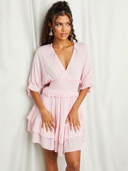 Styli - Pink Shirred Waist V Neck A-line Mini Dress