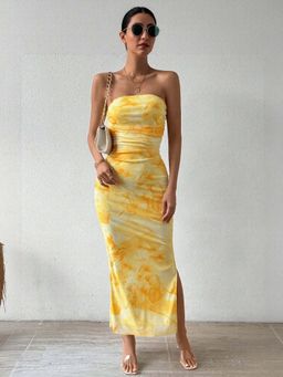 Outzidr - Yellow Digital Print Mesh Tube Party Dress