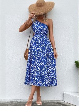 Outzidr - Blue One Shoulder Fit And Flare Midi Vacay Dress