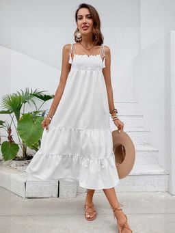 Outzidr - White Strappy Tie Up Midi Dress