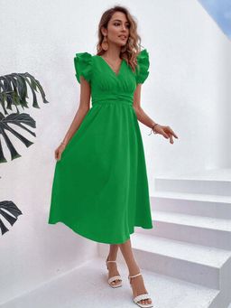 Outzidr - Green Front Tie Up Shirt Dress