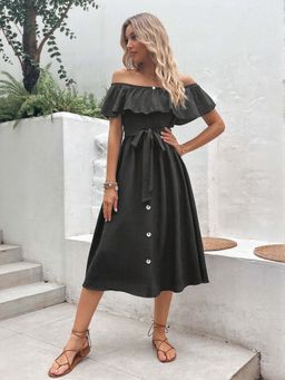 Outzidr - Black Off Shoulder Front Button Down Flared Dress