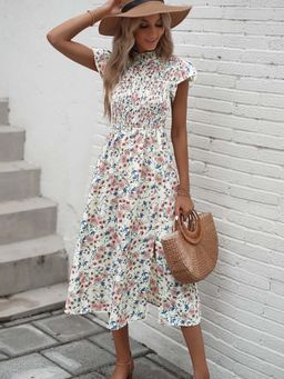 Outzidr - White Midi Vacay Dress With Smocking Detail