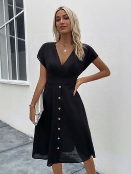 Outzidr - Black V Neck Shirt Street Style Dress