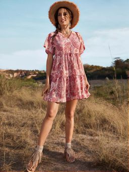 Outzidr - Pink Bohemian Mini Dress