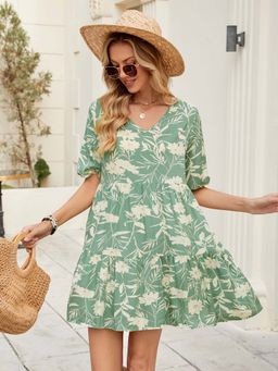 Outzidr - Green V Neck Tiered Mini Street Style Dress