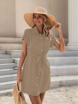 Outzidr - Beige Solid Vacay Shirt Dress With Belt Detail