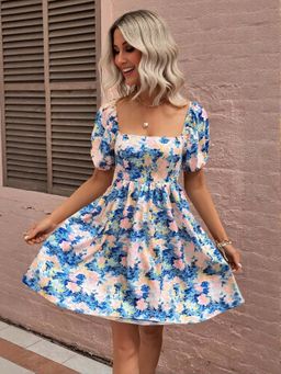 Outzidr - Blue Fit And Flare Mini Boho Vacay Dress