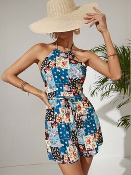 Outzidr - Blue Floral Pattern Print Racer Back Playsuit