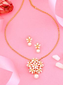 Estele - Gold Plated Bouquet Designer Pendant Necklace with Pearls and Crystals (Set of 2)