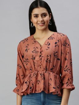 SHOWOFF - Women V-Neck Three Fourth Sleeves Printed Brown Top