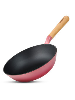 Bergner - Excalibur Cast Iron Pink Sturdy Wooden Handle Wok (24 cm)