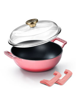 Bergner - Excalibur Light Cast Iron Induction Bottom Pink Kadhai with Lid (24 cm)