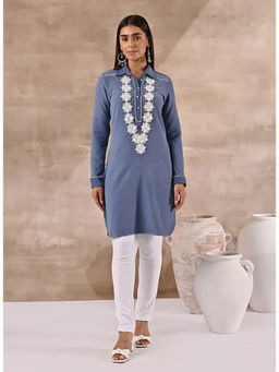 Lakshita - Blue Full Sleeve Woolen Striped Kurta with Lace Work