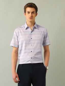 Arrow Newyork - Stripes Purple Half Sleeves Collar Neck Shirt