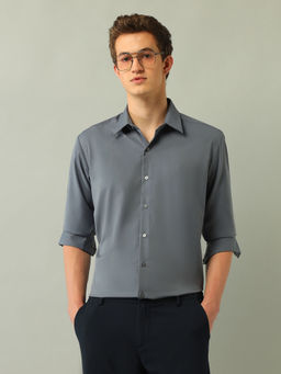 Arrow Newyork - Solid Grey Full Sleeves Collar Neck Shirt