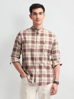 U.S. Polo Assn. Denim Co. - Checks Brown Full Sleeves Mandarin Neck Shirt