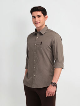 U.S. Polo Assn. Denim Co. - Solid Brown Full Sleeves Collar Neck Shirt