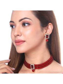 Yellow Chimes - Gold plated Red beads Jewellery set