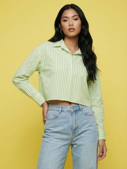Buynewtrend - Women Striped Cotton Crop Shirt Green Button Down Casual Shirt