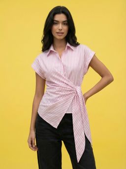 Buynewtrend - Pink Women Striped Wrap Style Cotton Shirt