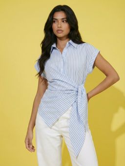 Buynewtrend - Blue Women Striped Wrap Style Cotton Shirt