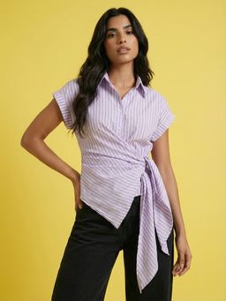Buynewtrend - Purple Women Striped Wrap Style Cotton Shirt
