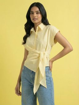 Buynewtrend - Yellow Women Striped Wrap Style Cotton Shirt