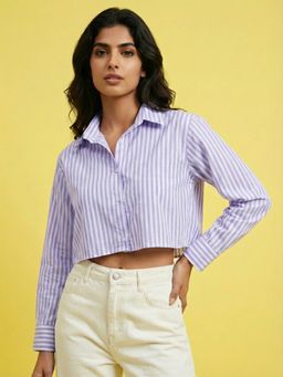 Buynewtrend - Women Striped Cotton Crop Shirt