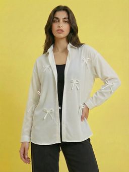 Buynewtrend - White Georgette Bow Detail Button-Down Oversized Fit Women Shirt