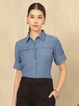 FITHUB - Women Blue Solid Formal Shirt with Short Sleeves