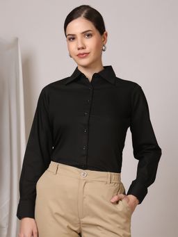 FITHUB - Women Black Solid Regular Fit Cotton Formal Shirt
