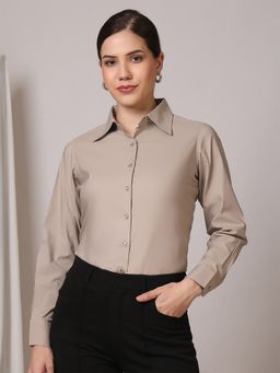 FITHUB - Women Beige Solid Regular Fit Cotton Formal Shirt