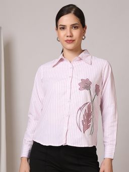 FITHUB - Women Office Wear Striped Embroidered Shirt