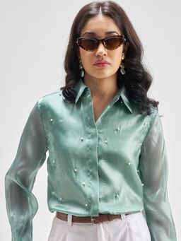 TOKYO TALKIES - Women Green Pearl Studded Organza Shirt