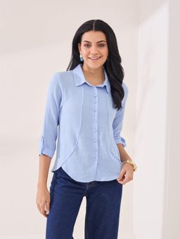 Latin Quarters - Women's Blue Solid Collar Neck Casual Shirt