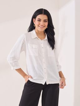 Latin Quarters - Women's White Solid Collar Neck Casual Shirt