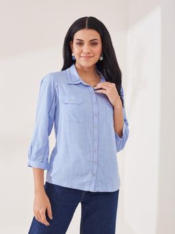 Latin Quarters - Women's Blue Solid Collar Neck Casual Shirt