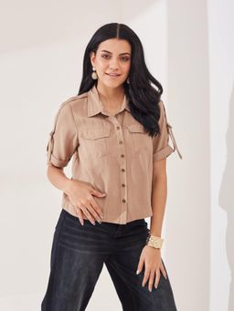 Latin Quarters - Women's Beige Solid Half Sleeves Collar Neck Casual Shirt