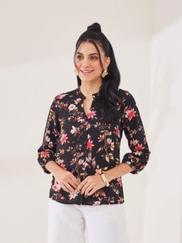 Latin Quarters - Women's Black Floral Printed Mandarin Neck Casual Shirt