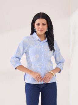 Latin Quarters - Women's Blue Collar Neck Casual Shirt