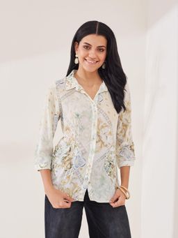 Latin Quarters - Women's Off-White Floral Printed Collar Neck Casual Shirt