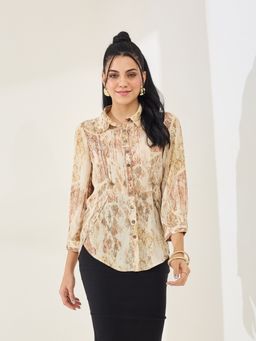 Latin Quarters - Women's Beige Printed Collar Neck Casual Shirt