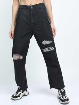 TOKYO TALKIES - Women Black Straight Fit Mildly Distressed Jeans