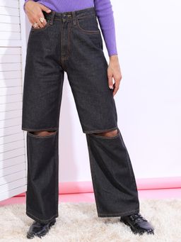 TOKYO TALKIES - Women Black Slash Knee Jeans