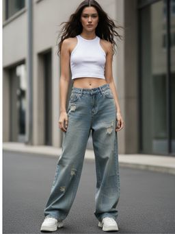 Outzidr - Light Blue High Waist Ripped Jeans