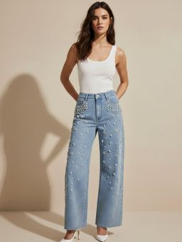 Outzidr - Light Blue Multi Studded Wide Leg Jeans